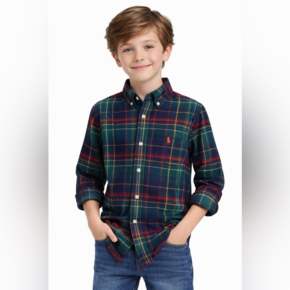 Polo Ralph Lauren Boys Plaid Flannel Shirt Green Button Down Size S 8-10